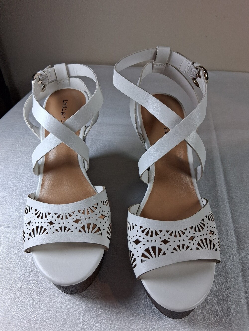 sku192 Indigo White Laser-Cut Crisscross Platform Sandals